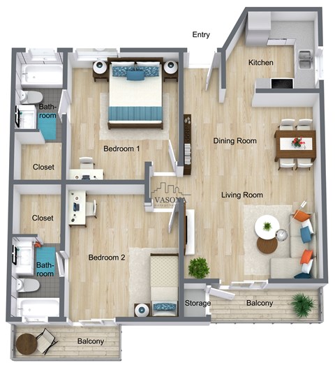 Floor plan for 2 beds, 2 baths, 887 sqft